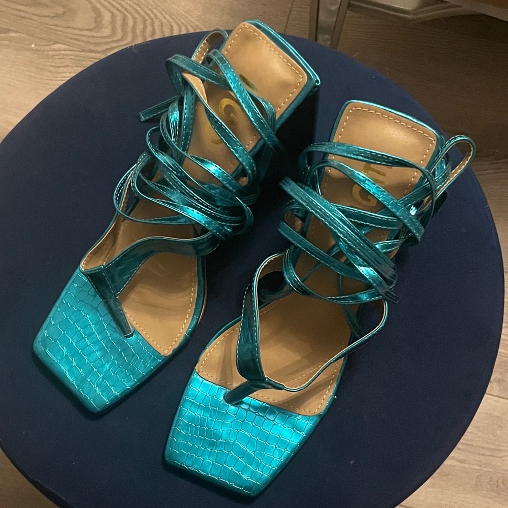 Metallic Teal Lace-Up Strappy Sandals - Women Size 10.5